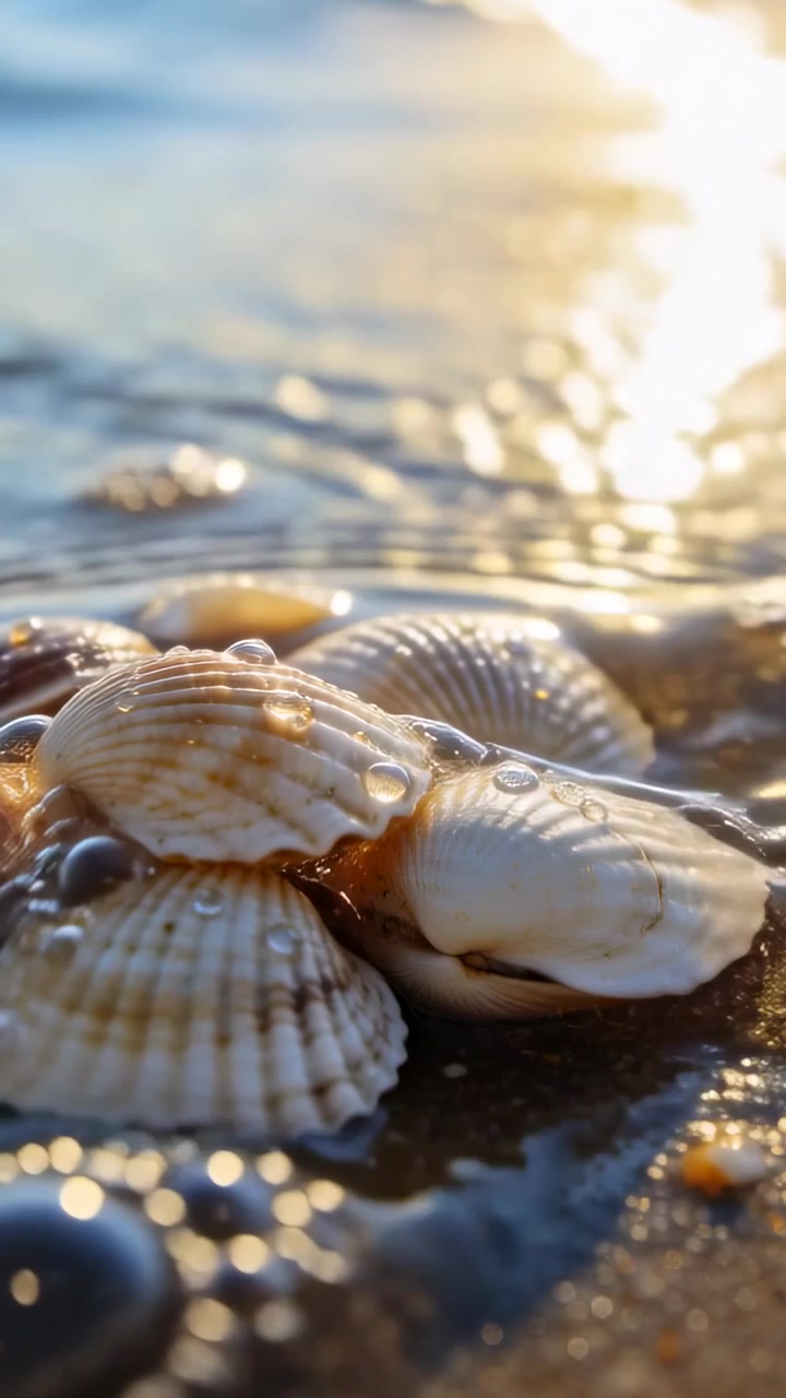 Vertical video: Washing incoming small wave moving over six scallops at shore, creating wet beads