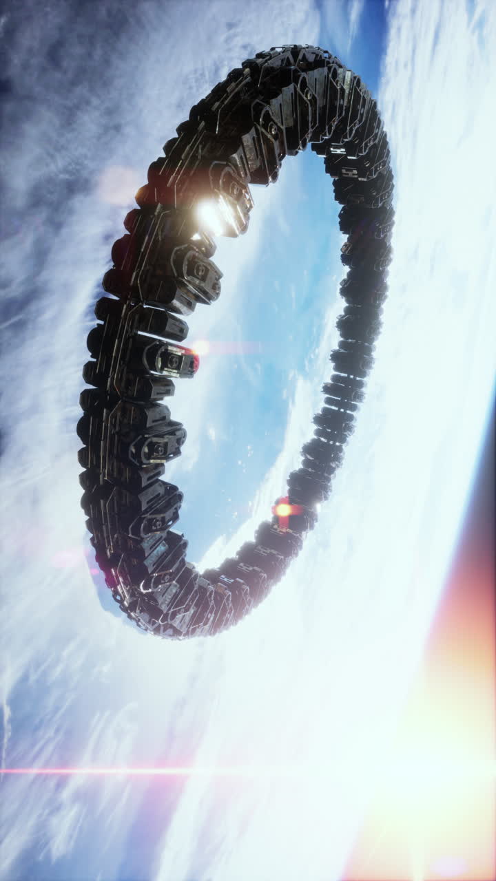 A futuristic spaceship orbits earth showcasing advanced design and technology