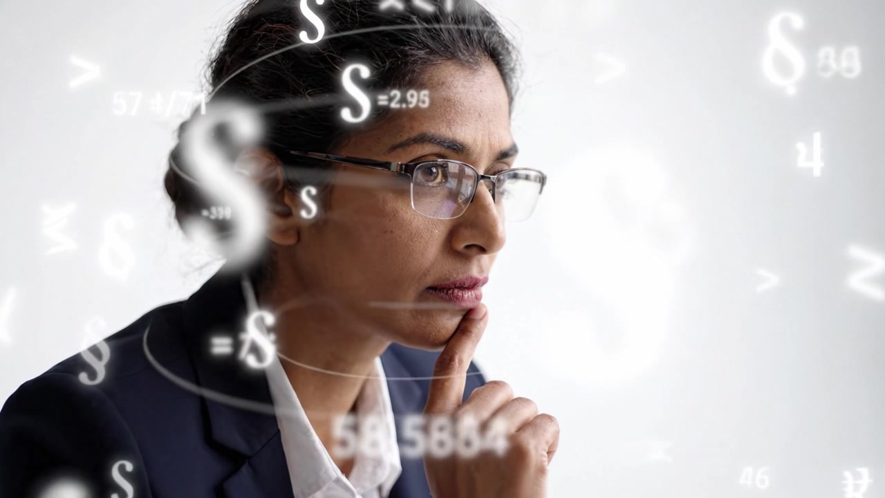 Donna d'affari riflessiva che analizza dati e formule mentre lavora strategicamente per la risoluzione dei problemi in un contesto professionale