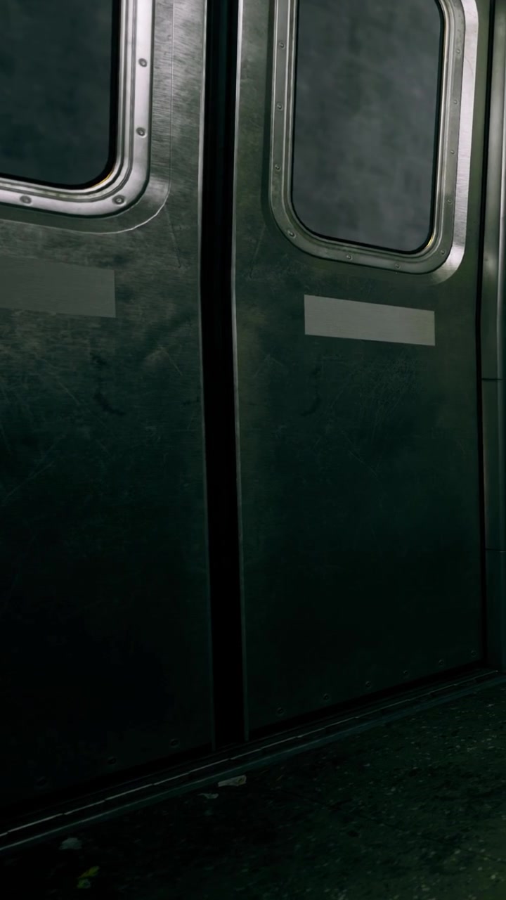 All'interno di un treno della metropolitana con sedili vuoti e porte chiuse in un contesto urbano.