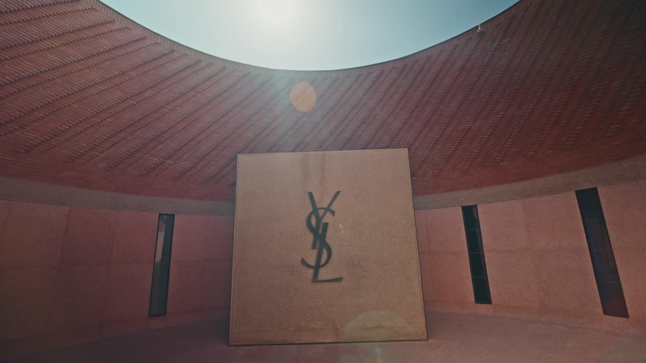 Panoramic view of the Yves Saint Laurent museum entrance in Marrakesh, Morocco.