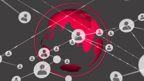 animación de una red de iconos de perfil sobre un globo giratorio contra un fondo gris