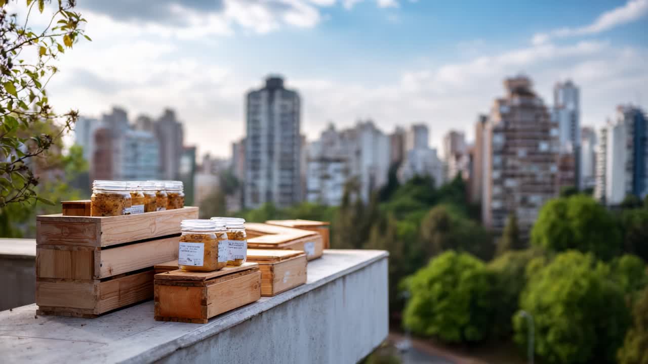 Entorno de jardín urbano exuberante con cajas de madera de recipientes de miel con vistas a un horizonte urbano repleto de edificios de gran altura y árboles verdes