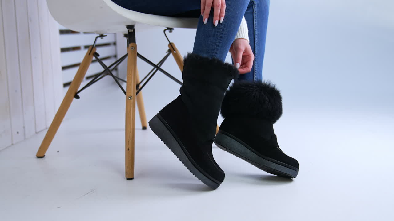 Woman Wearing Stylish Black Fur-Trimmed Winter Boots