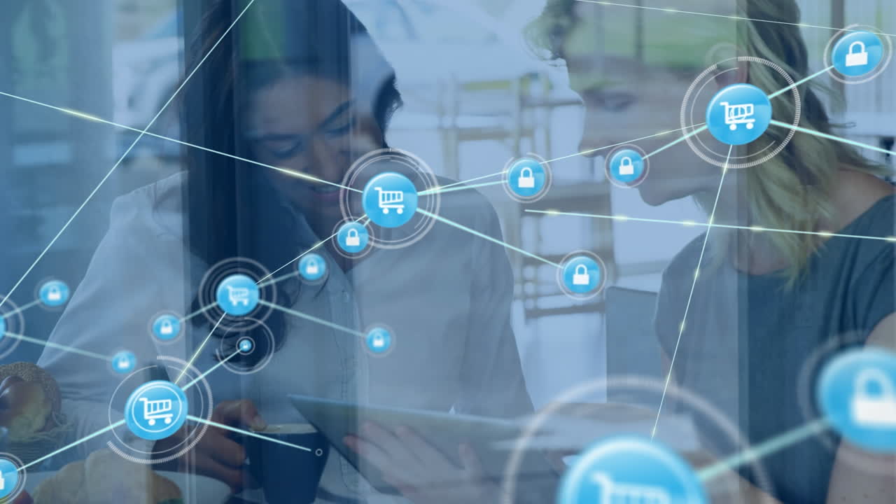 animación de la red de conexiones con iconos sobre diversas personas de negocios que usan tablets