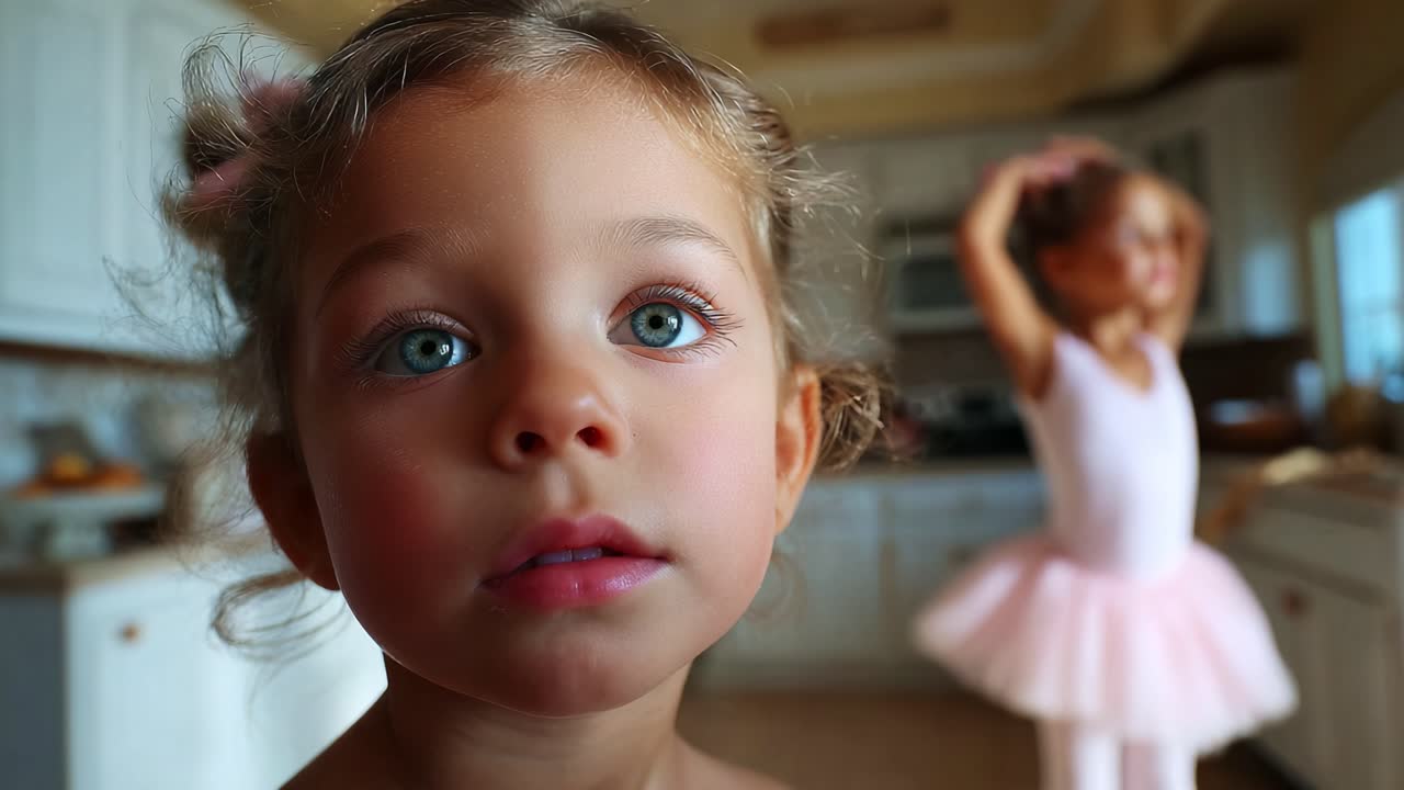 An adorable girl with captivating blue eyes gazes thoughtfully at the camera, while a young dancer joyfully performs behind her in a bright, airy kitchen setting, showcasing innocence and creativity