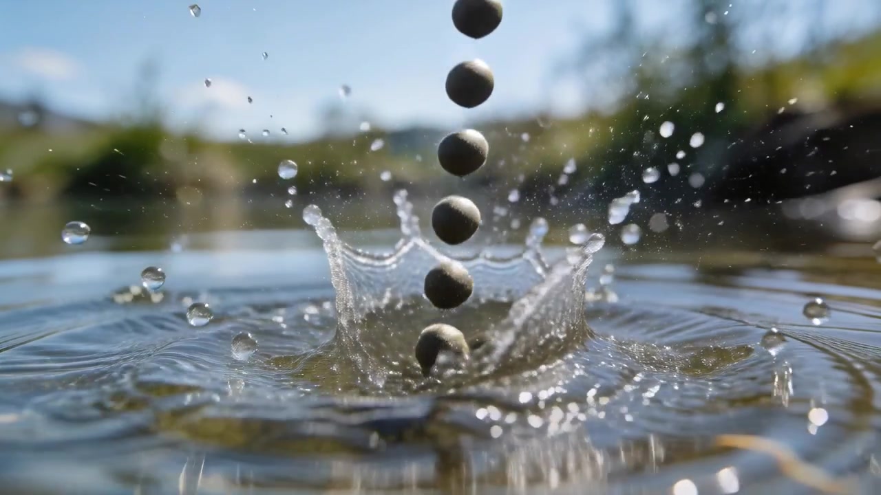 Falling vertical line of small beads striking shallow water near shore, making crowns and ripples