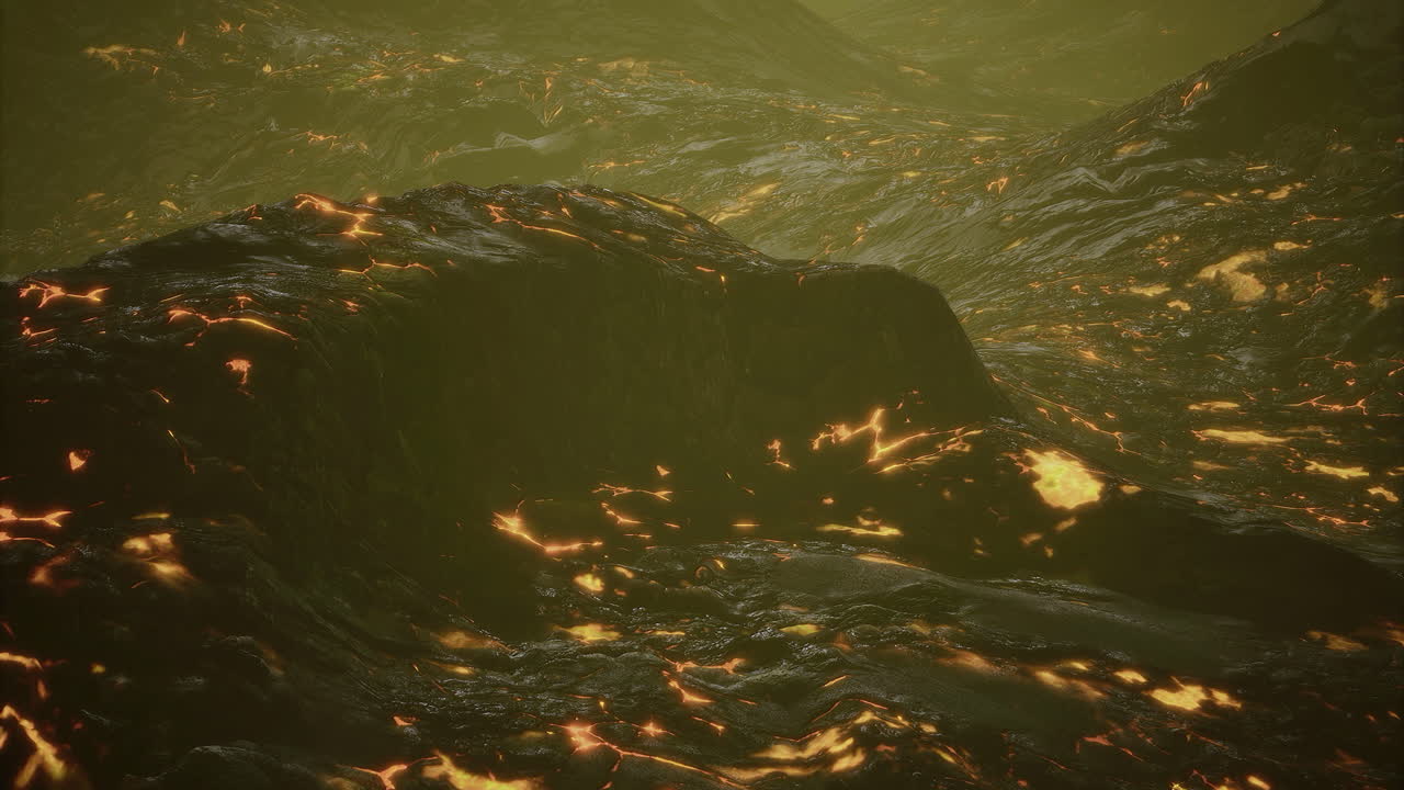 Lava flow shines with embers on rugged volcanic terrain