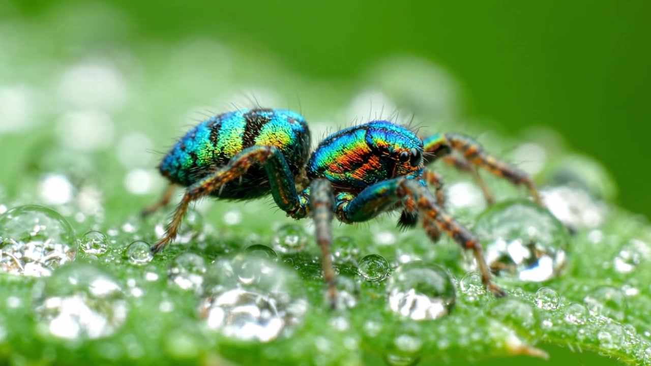 A Close-Up View of a Vibrantly Colored Spider Resting on a Dewy Green Leaf Surface, Showcasing Its Beautiful Blue and Green Patterns Under Natural Light