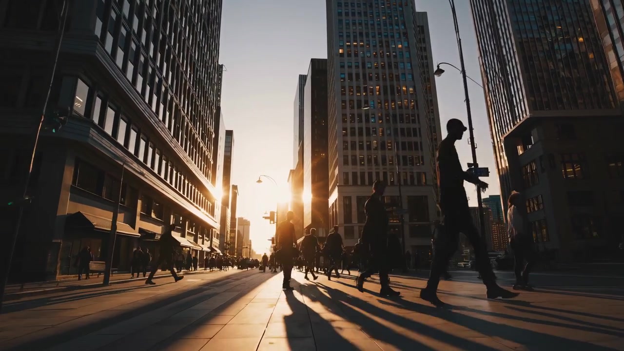 Folla di persone che cammina sul marciapiede cittadino al tramonto