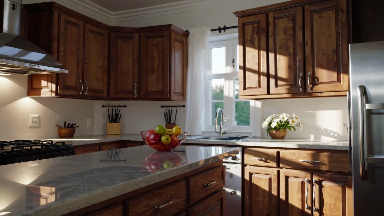 Una cucina moderna con mobili in legno ed elettrodomestici in acciaio inossidabile, ripresa da un'angolazione bassa.