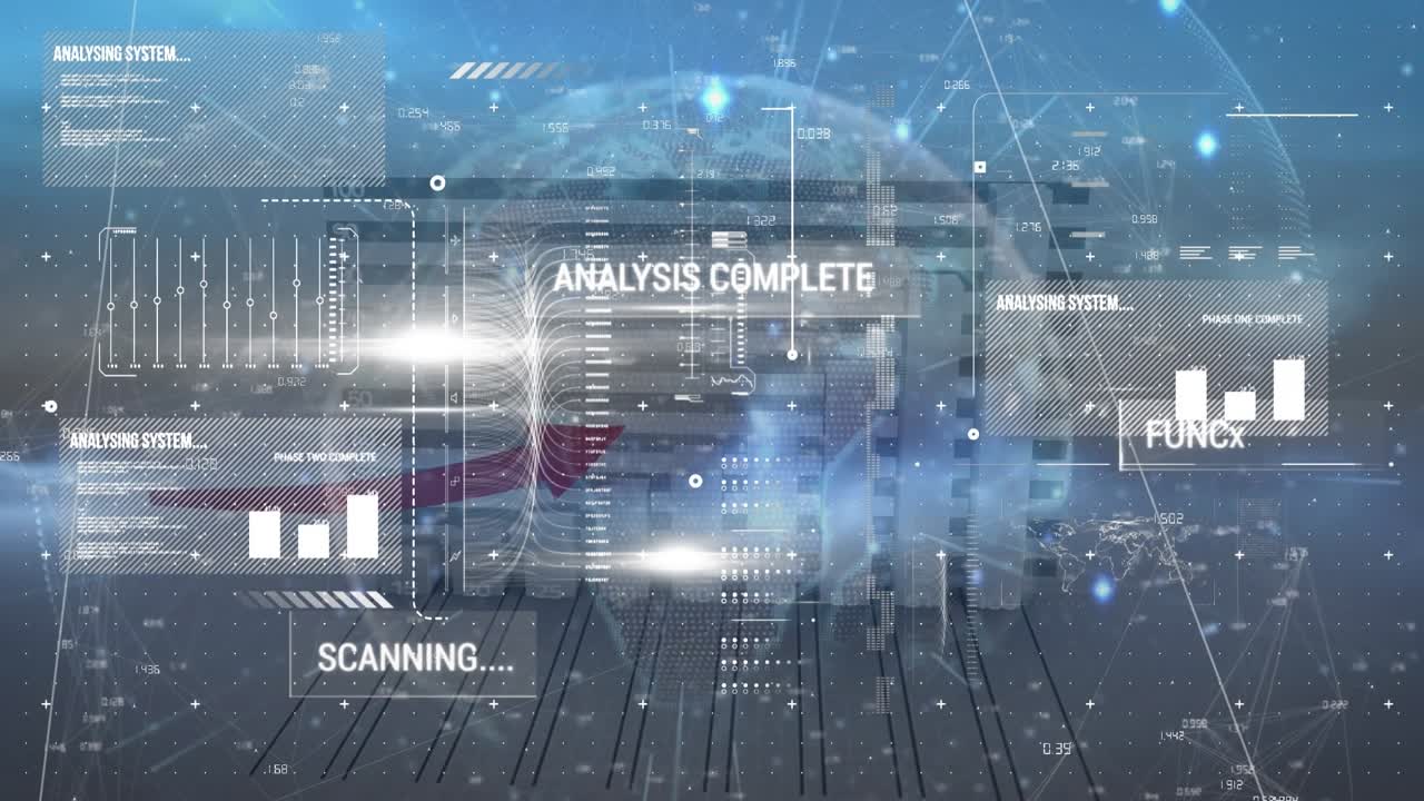 Animation of data processing and white light trails over white moving on sky
