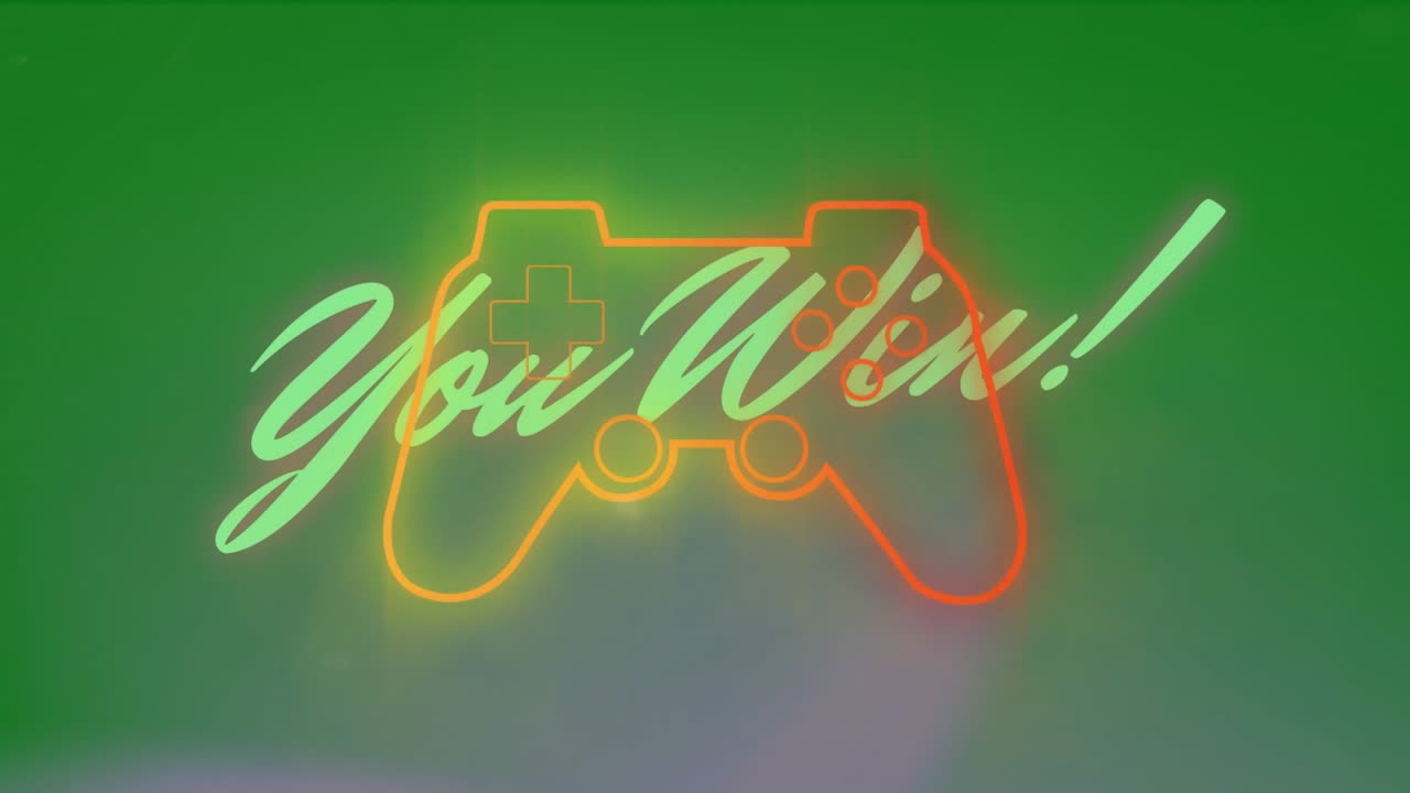 Animação de texto de parabéns sobre ícone de gamepad