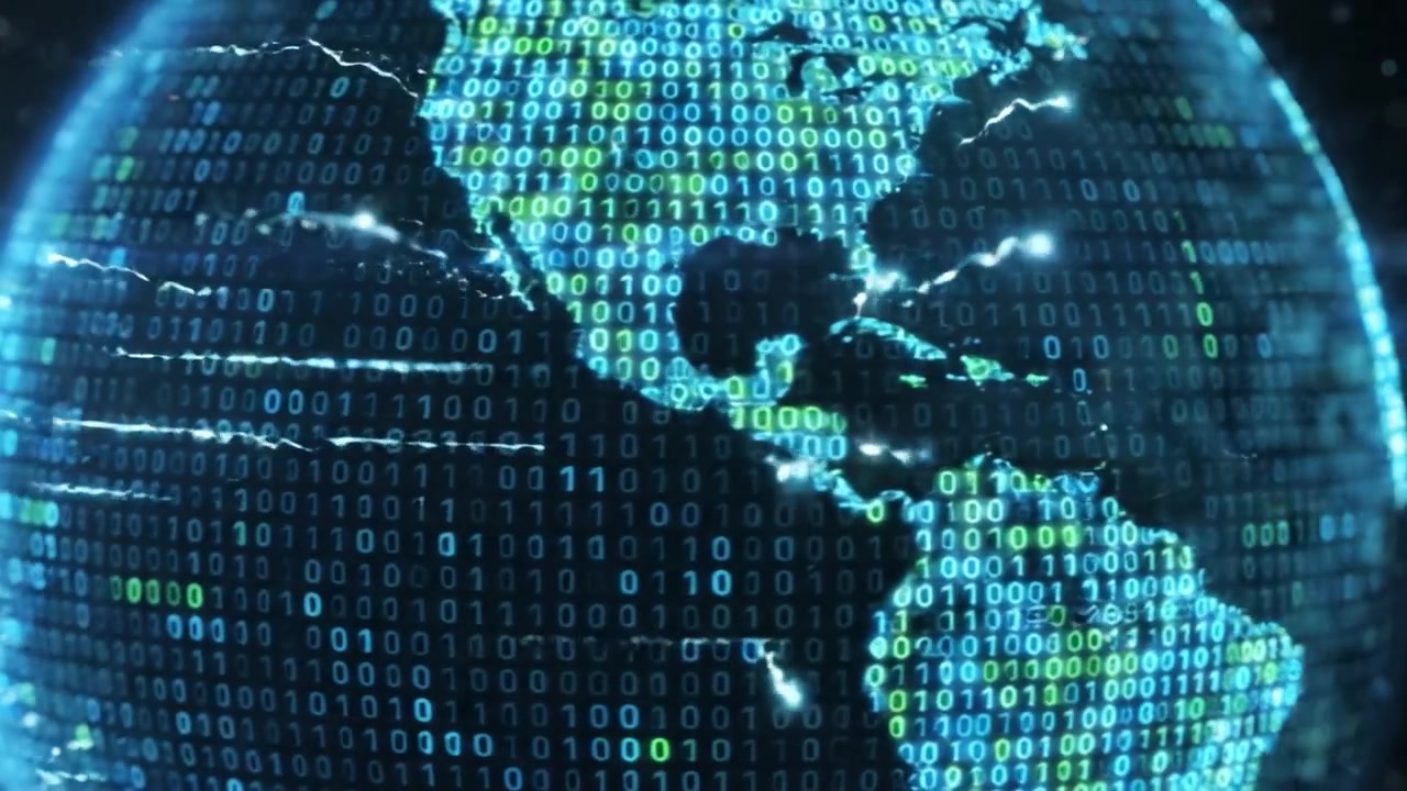 A Digitally Rendered Globe Showcasing a Glowing Representation of Global Connectivity and Data Flow Through Binary Codes and Network Patterns