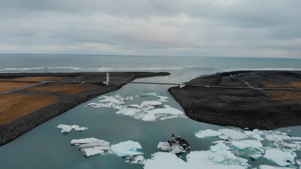 Aerial View of Icelandic Glacier River with Bridge