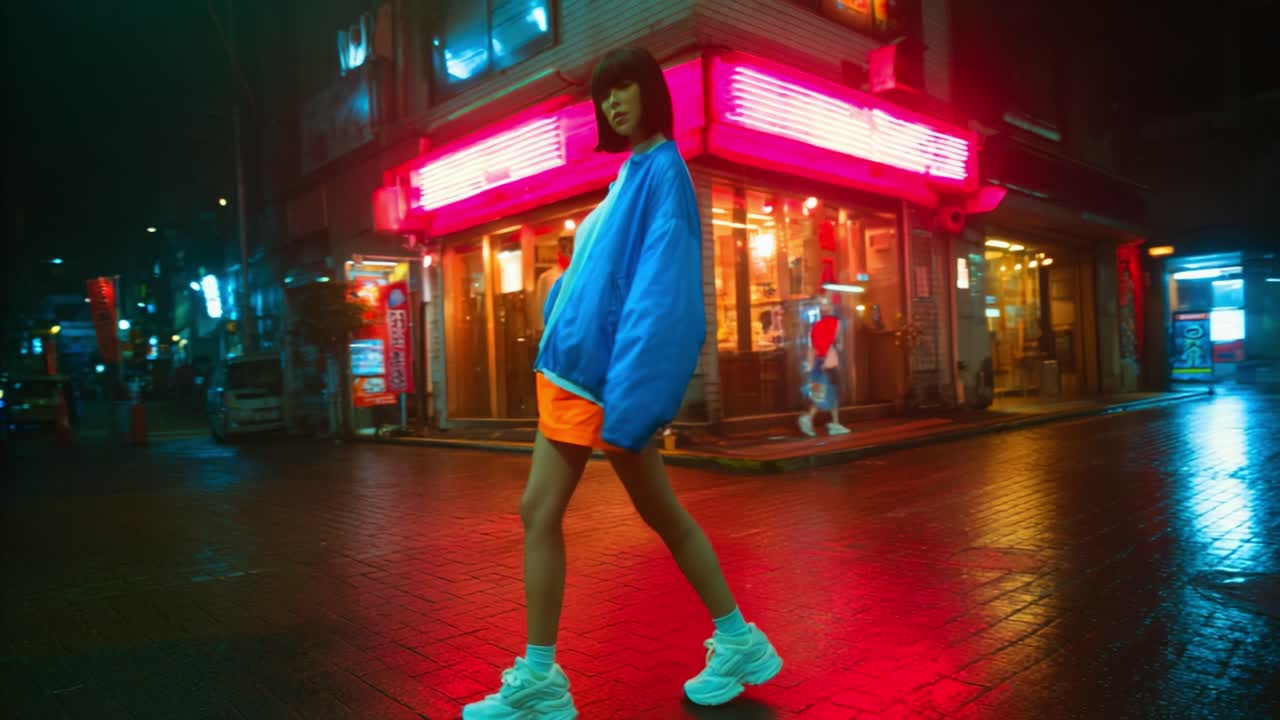 A stylish individual in vibrant outerwear walking confidently through an illuminated urban street at night, showcasing fashion against a backdrop of neon lights and city life, embodying modern youth culture