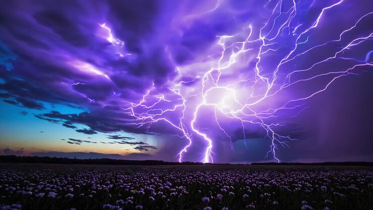 Spettacolare temporale con fulmini su un campo di fiori al tramonto