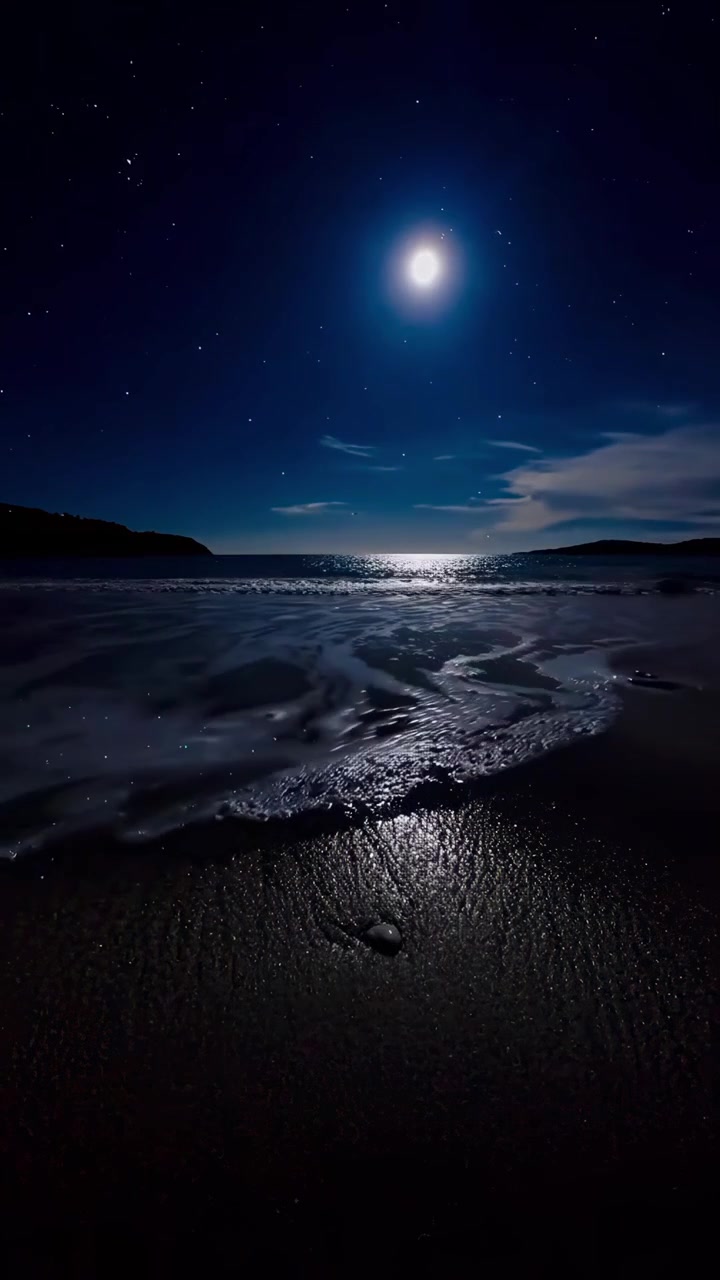 Onde oceaniche illuminate dalla luna che si infrangono su una spiaggia scura di notte