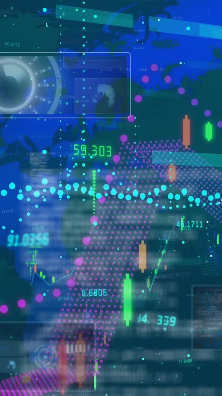 Animation of financial data and screens over world map on blue background