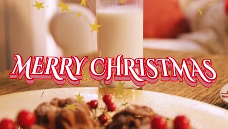 animation of christmas greetings over stars falling, glass of milk and cookies in background