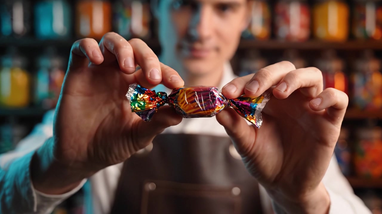 Crafting Colorful Candy Creations: A Passionate Artisan Showcases Delicious Treats in a Vibrant Candy Store Environment Full of Colorful Jars