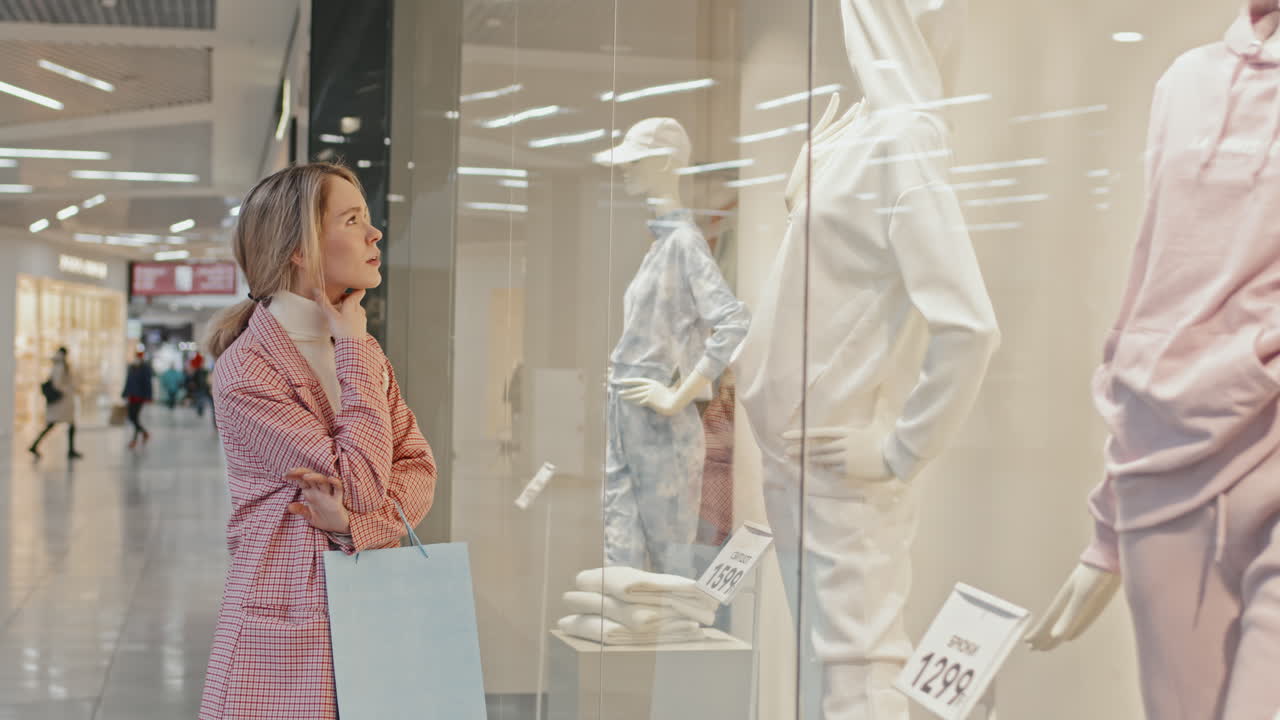 Stylish Woman Looking At Window Display Of Clothing Store