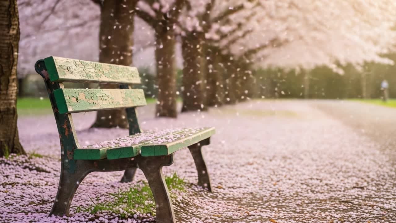 A Serene Bench Under Cherry Blossom Trees: Capturing the Tranquil Beauty of Nature in Full Bloom with Petals Dancing in the Breeze