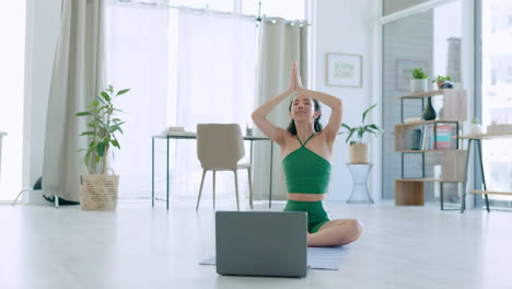 black woman, yoga and meditation with laptop