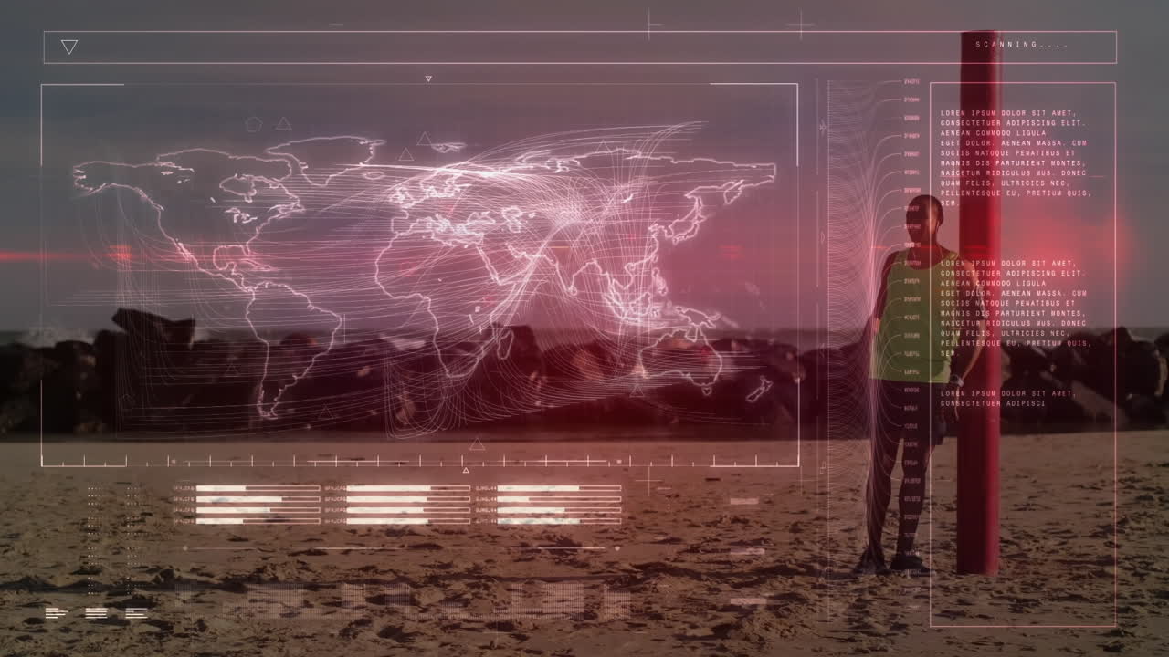 animación del procesamiento de datos sobre un hombre en forma corriendo en la playa