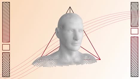 animación de la cabeza humana formada con partículas explosivas y figuras geométricas en un fondo brillante