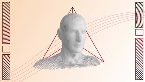 animation of human head formed with exploding particles and geometry figures on bright background