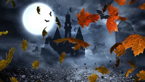 digital composite video of autumn leaves moving against halloween castle in background