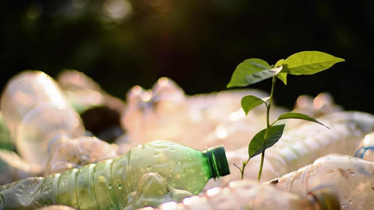 Amidst a backdrop of discarded plastic bottles in an urban park, a young plant emerges, symbolizing hope for environmental recovery and highlighting the need for sustainable practices.