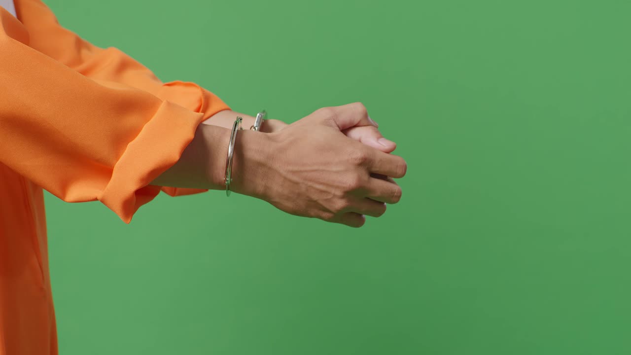 persona con mono naranja y esposas