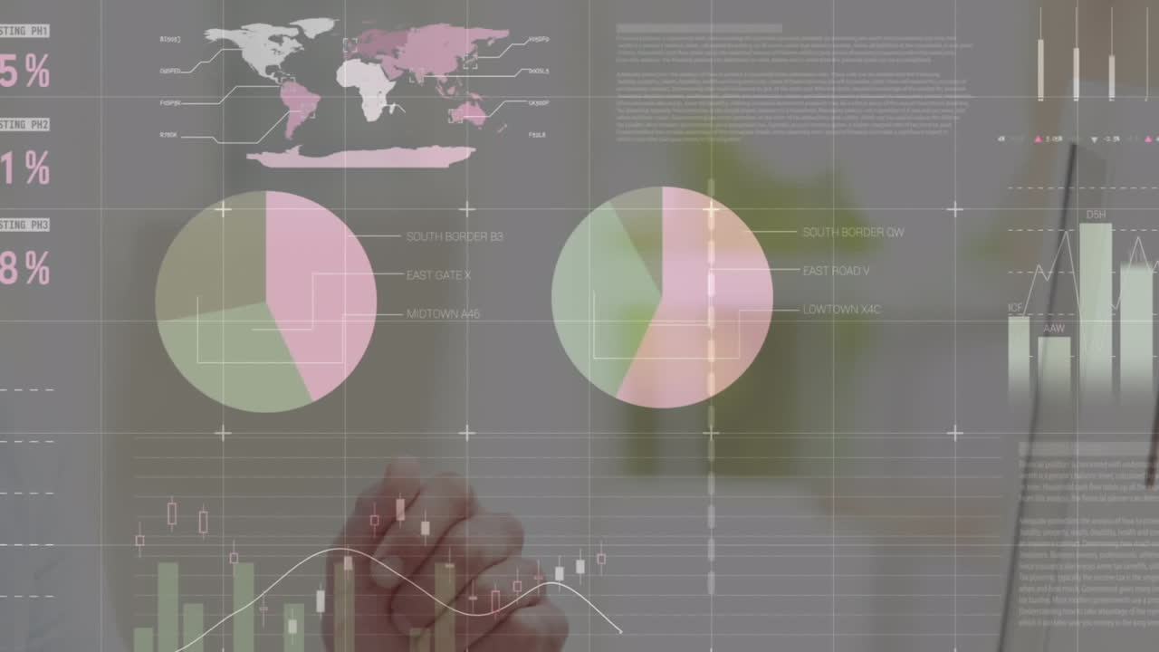 animación de la interfaz infográfica, compañeros de trabajo caucásicos discutiendo informes en el escritorio en la oficina