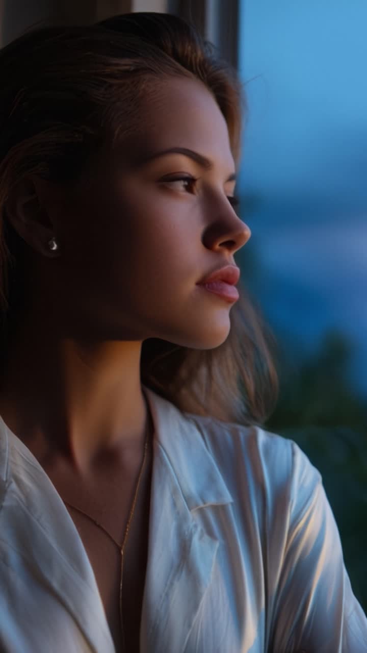 A striking contrast between a vivid lightning storm and a serene portrait of a woman gazing out a window, capturing the beauty of nature and human reflection