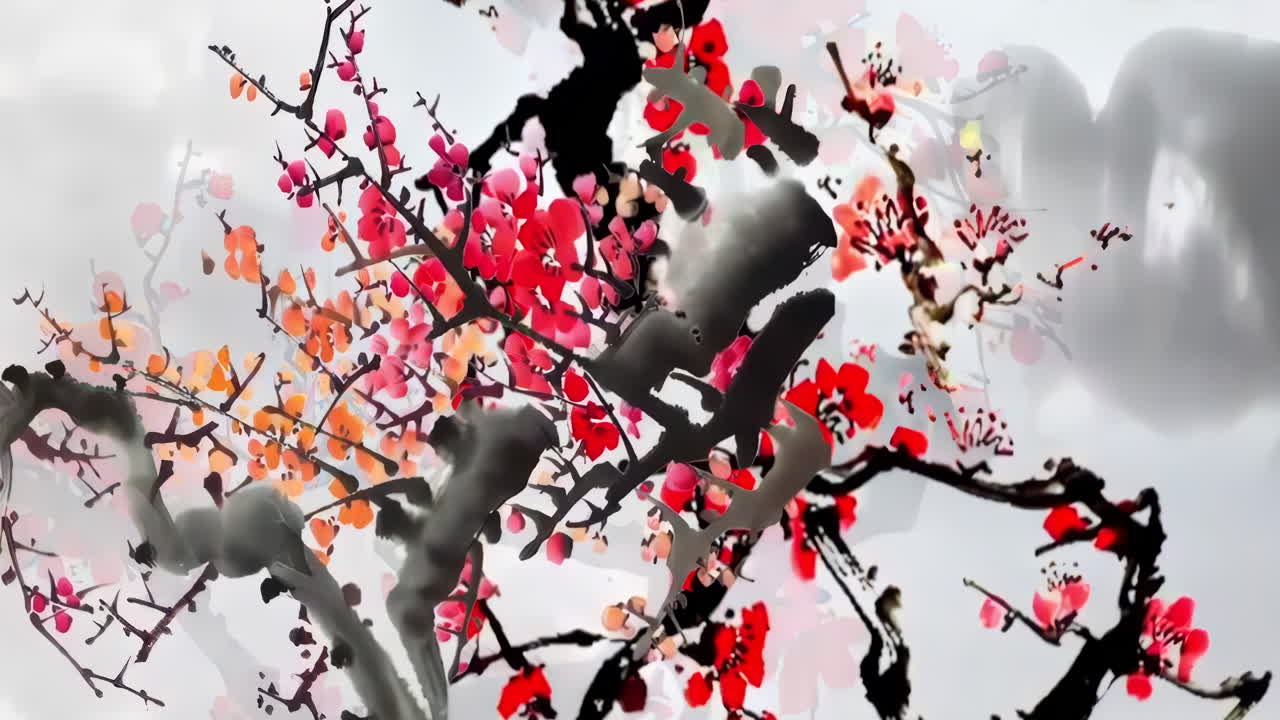 día antiguo tradicional chino japonés pintura de paisaje de hermosa calma flor de ciruela, árboles, montañas, flores, lago, agua, pájaros, cielo azul, barco, temporada de flores de cerezo