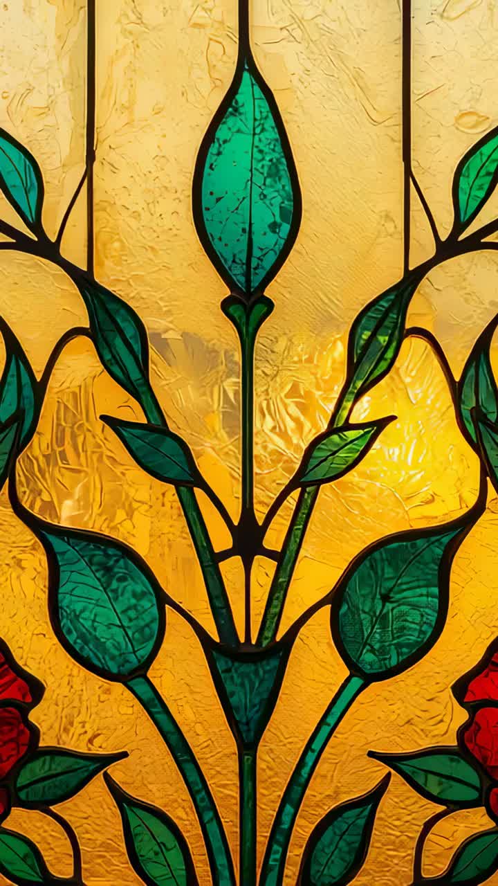 Vertical video: Panning camera revealing stained-glass panel at window, revealing red rose detail