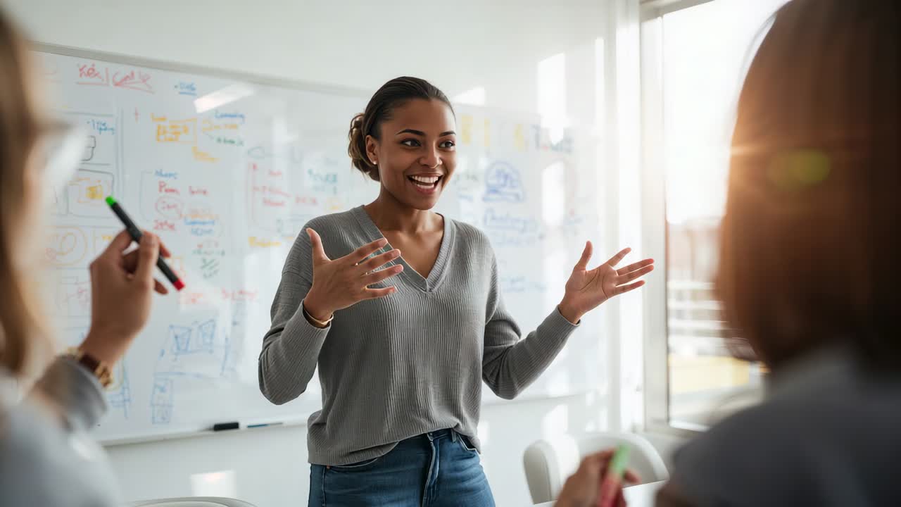Leading woman in grey sweater explaining plan after opening gesture at meeting, with whiteboard