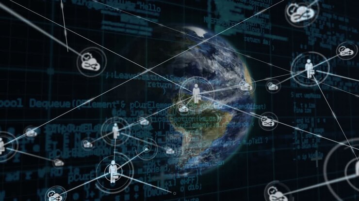 Animazione di una rete di connessioni con icone su un globo e elaborazione dati su sfondo nero.