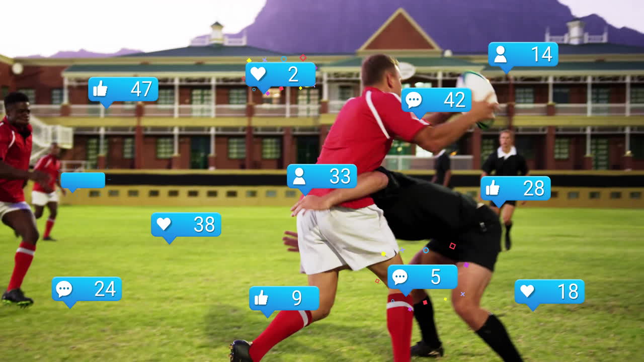 Tackling on field, rugby players with animation of social media icons overlay