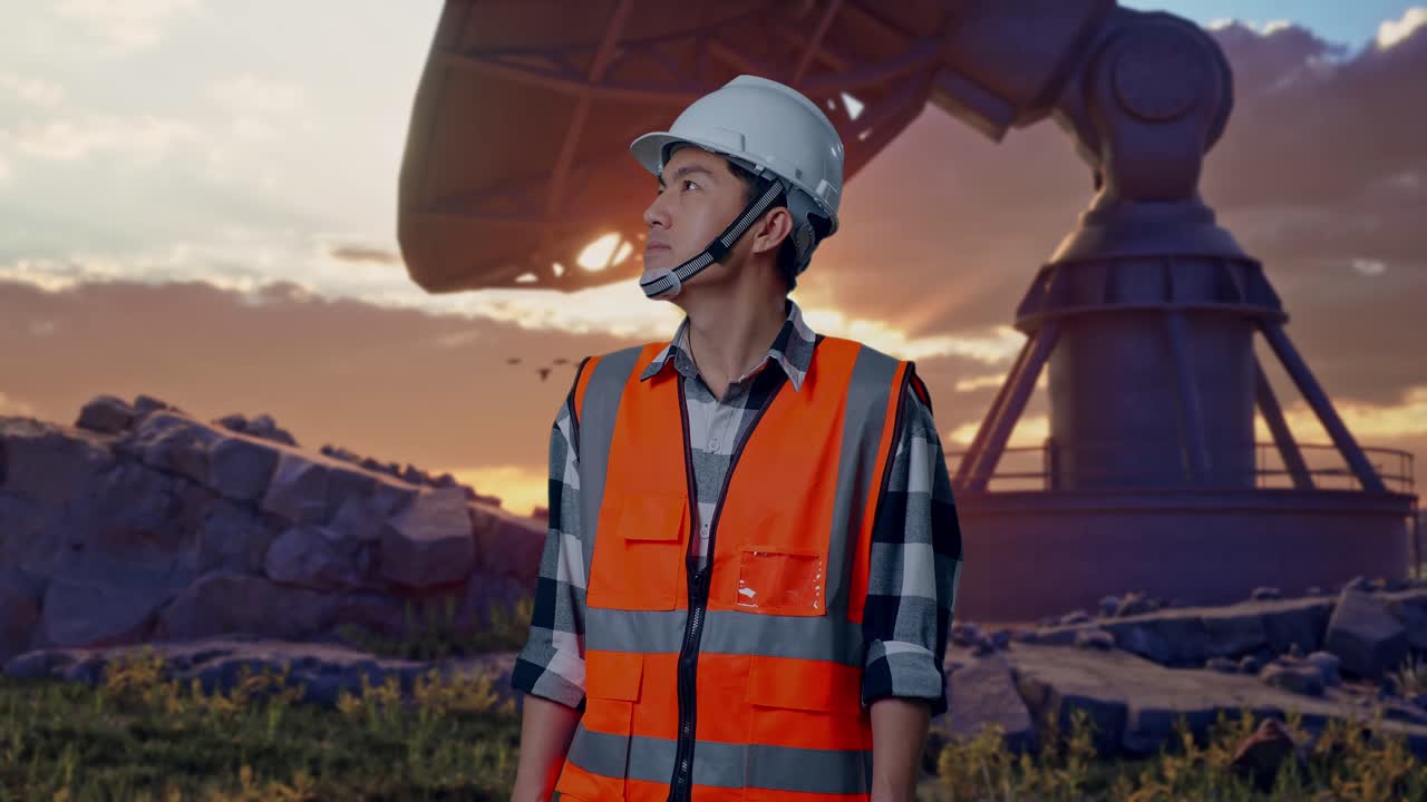 Asian Male Engineer With Safety Helmet Looking Around While Standing With Large Satellite Dish