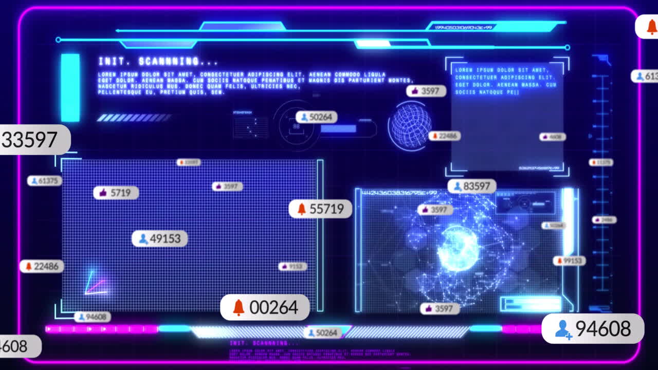 어두운 배경의 화면에서 아이콘의 애니메이션과 데이터 처리