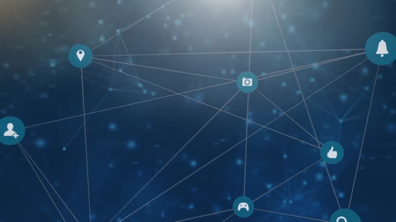 animación de iconos digitales con una red de conexiones sobre fondo azul