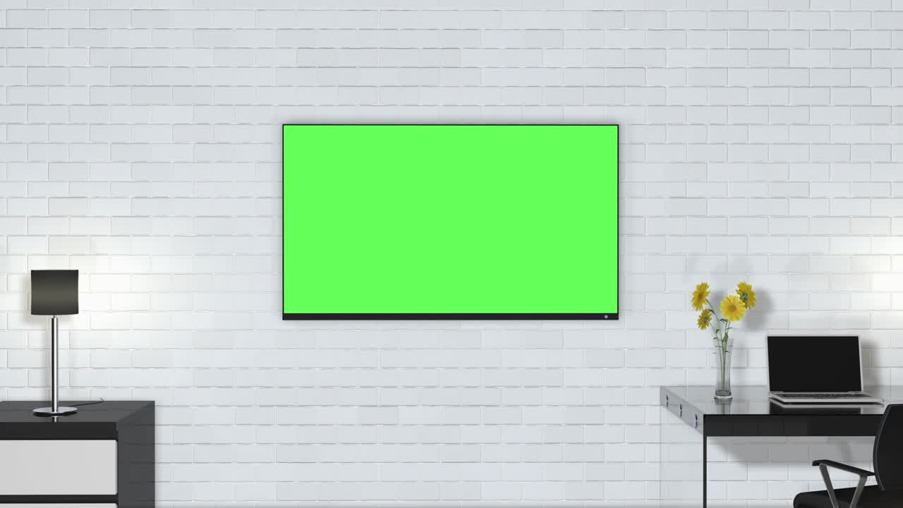 벽에 가구와 녹색 스크린 tv가 있는 건물 안의 방.