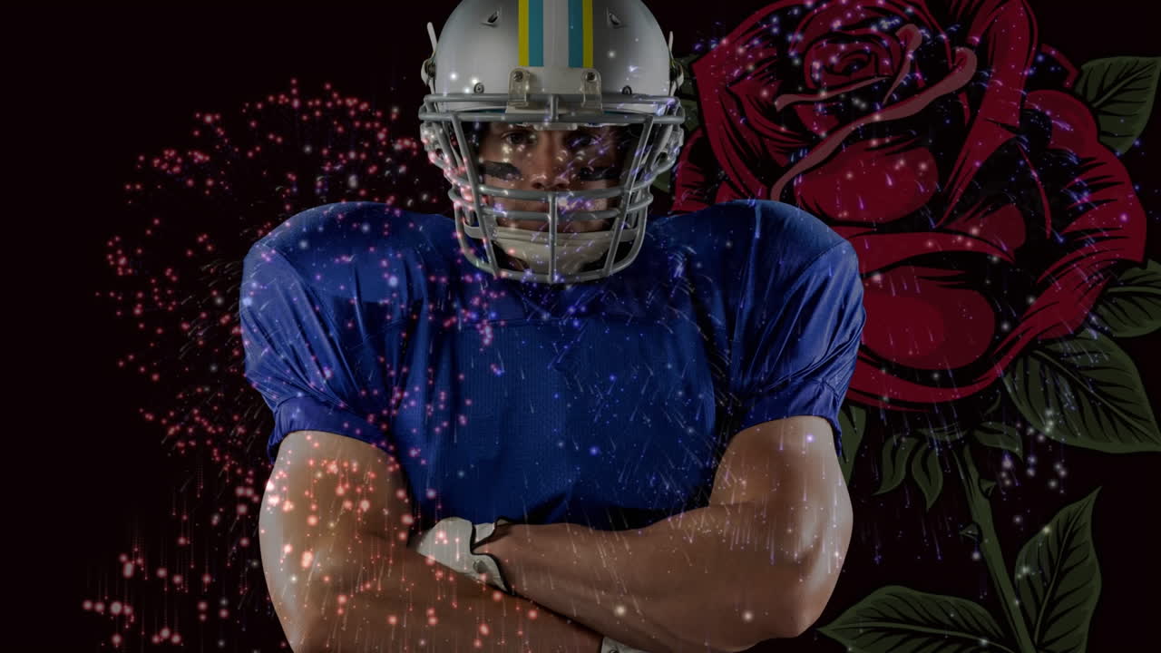 Animation eines American-Football-Spielers über Feuerwerk und Rose auf schwarzem Hintergrund.