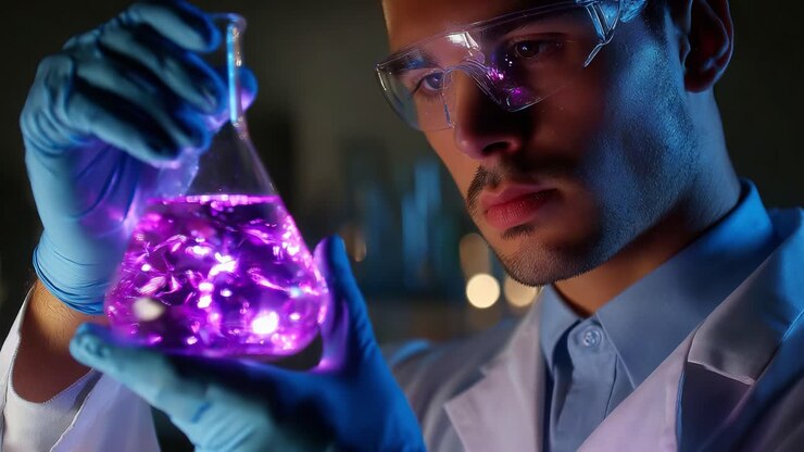 Cientista analisando um líquido roxo vibrante em um ambiente de laboratório, apresentando vidraria detalhada e observando reações químicas com fascínio e precisão enquanto usa equipamento de proteção
