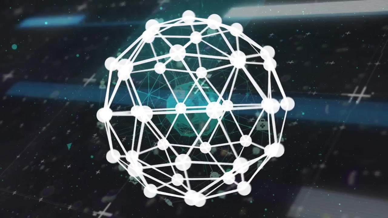 Animation of globe with network of connections over geometric shield