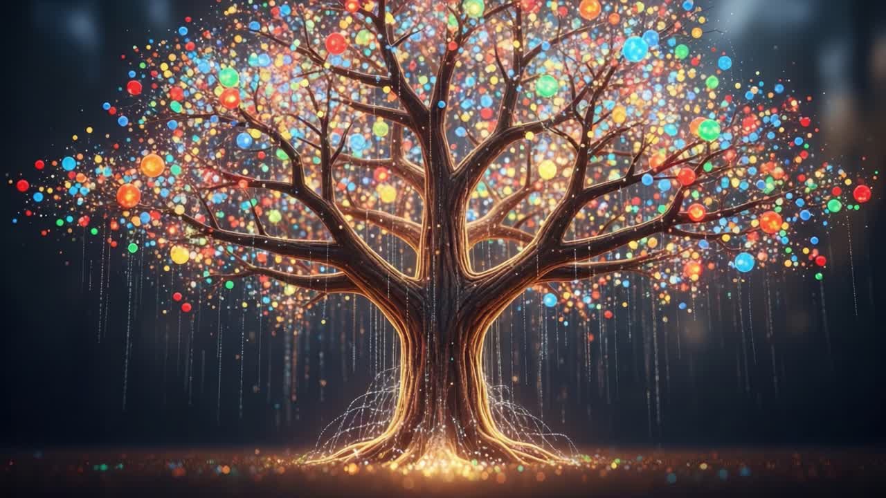 A Majestic Tree Adorned with Colorful Orbs and Glowing Lights, Creating a Magical and Enchanting Atmosphere in a Mystical Forest Setting
