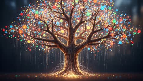 a majestic tree adorned with colorful orbs and glowing lights, creating a magical and enchanting atmosphere in a mystical forest setting